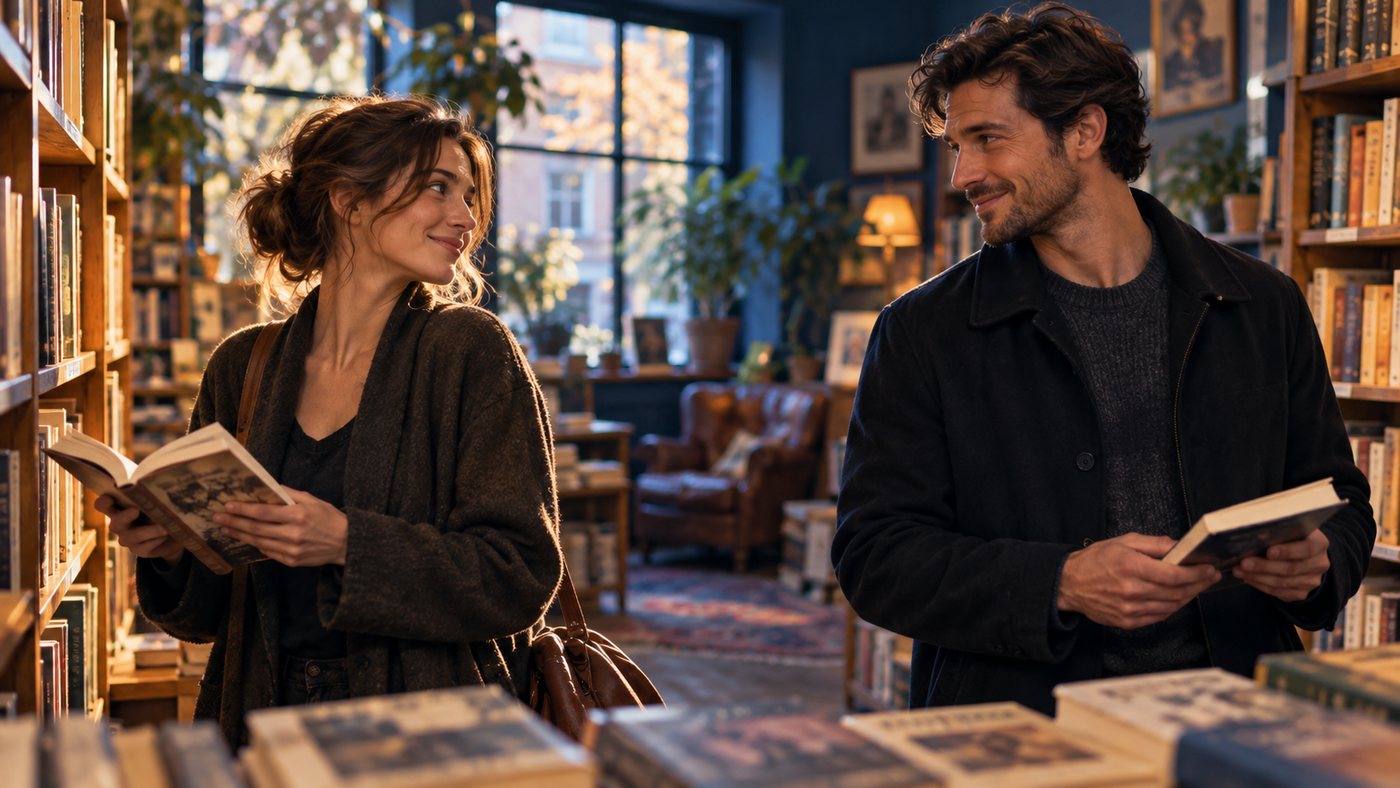 Two people browsing books and smiling at each other in a warm independent bookstore