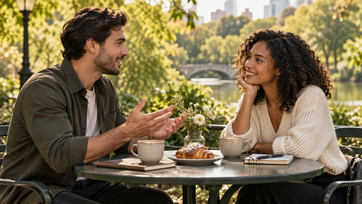 Two people sitting across from each other with coffee while both take part in the conversation
