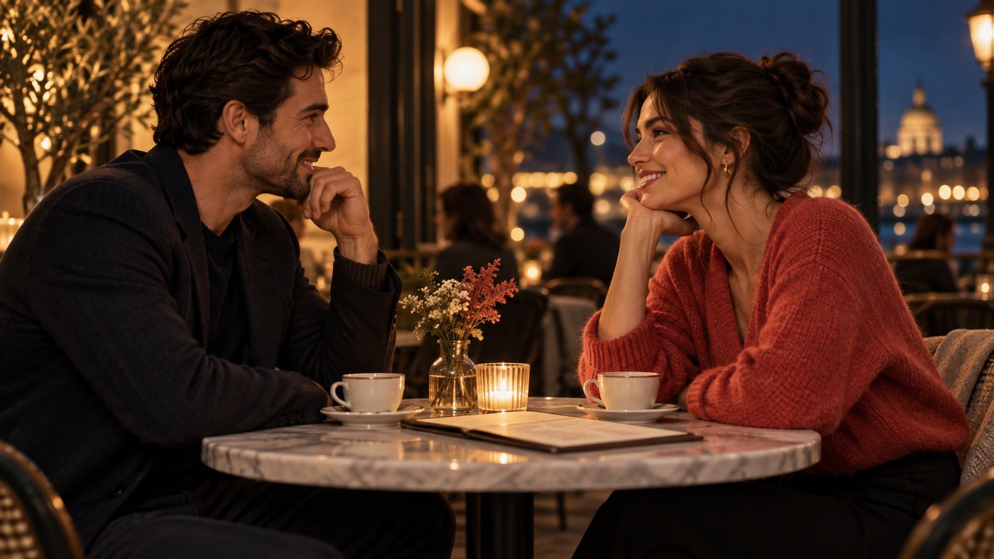 Two people sharing an easy conversation over coffee on a first date