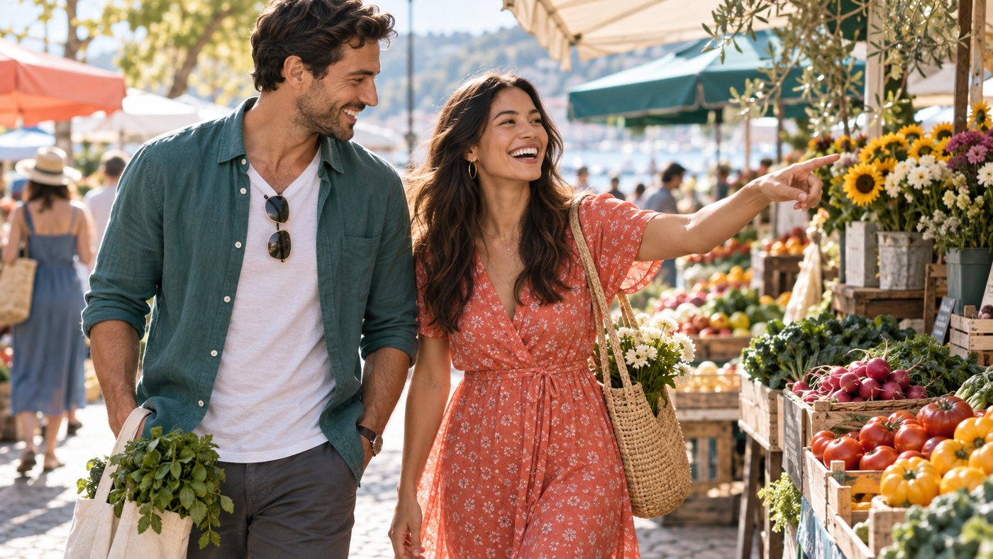 A couple walking through a lively outdoor market and sharing a point of interest