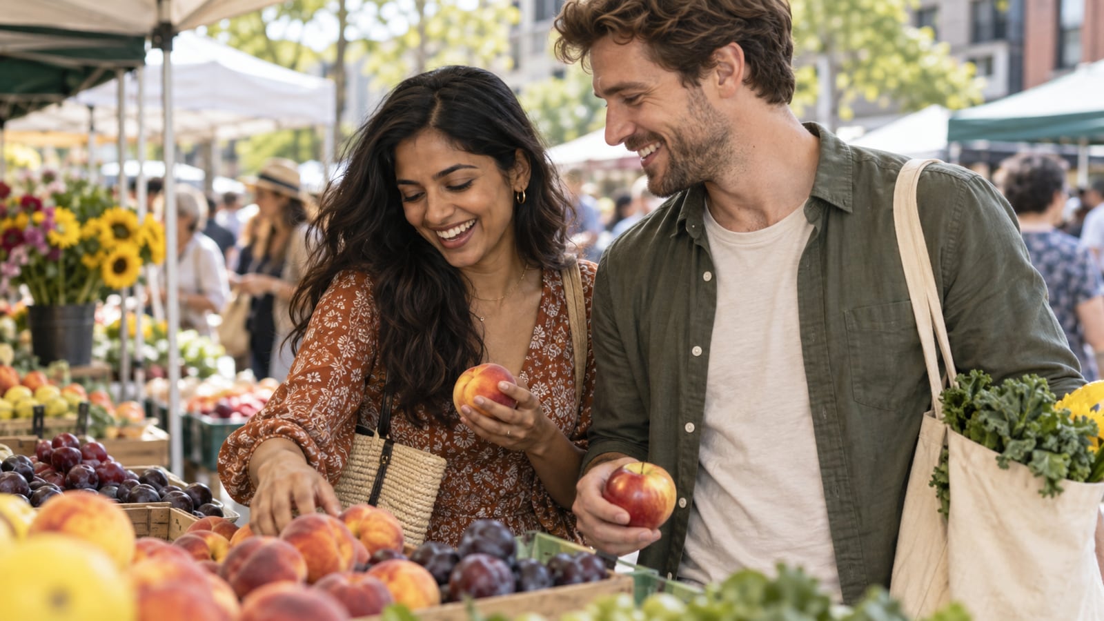 A couple enjoying an ordinary outing together at a neighborhood market