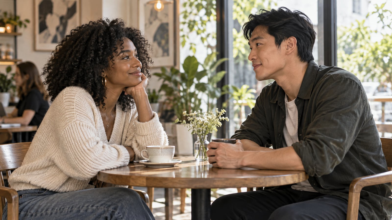 Two people listening to each other during an early cafe date