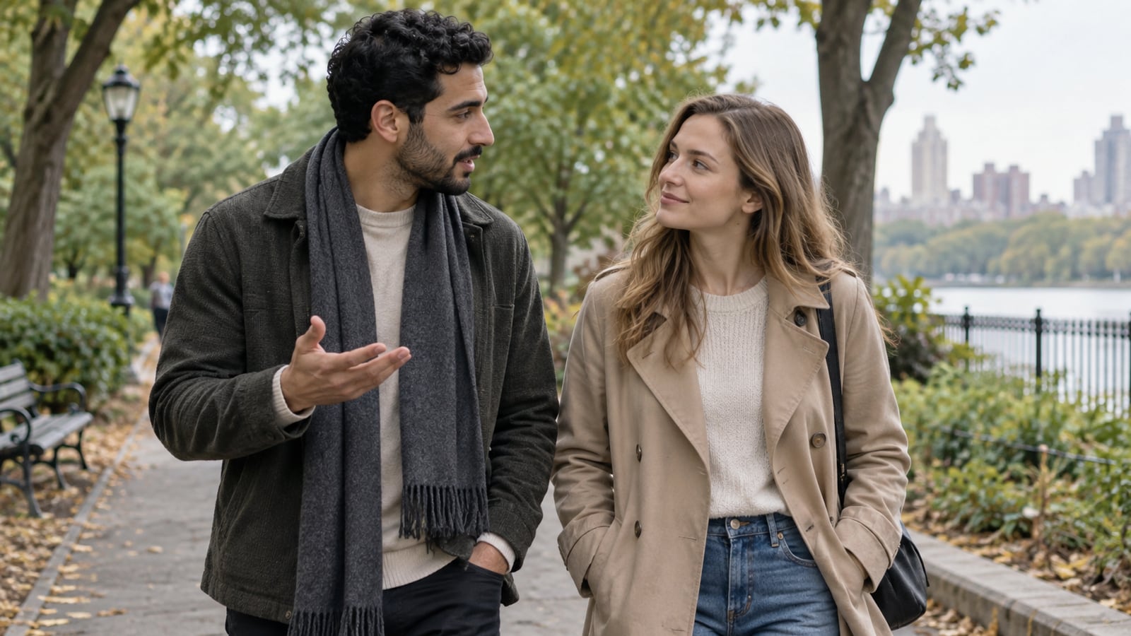 A couple walking in a park and listening calmly to each other