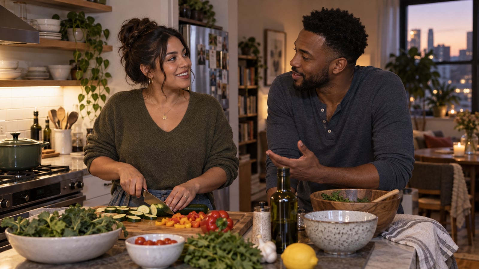 Two people preparing dinner together while having an attentive conversation