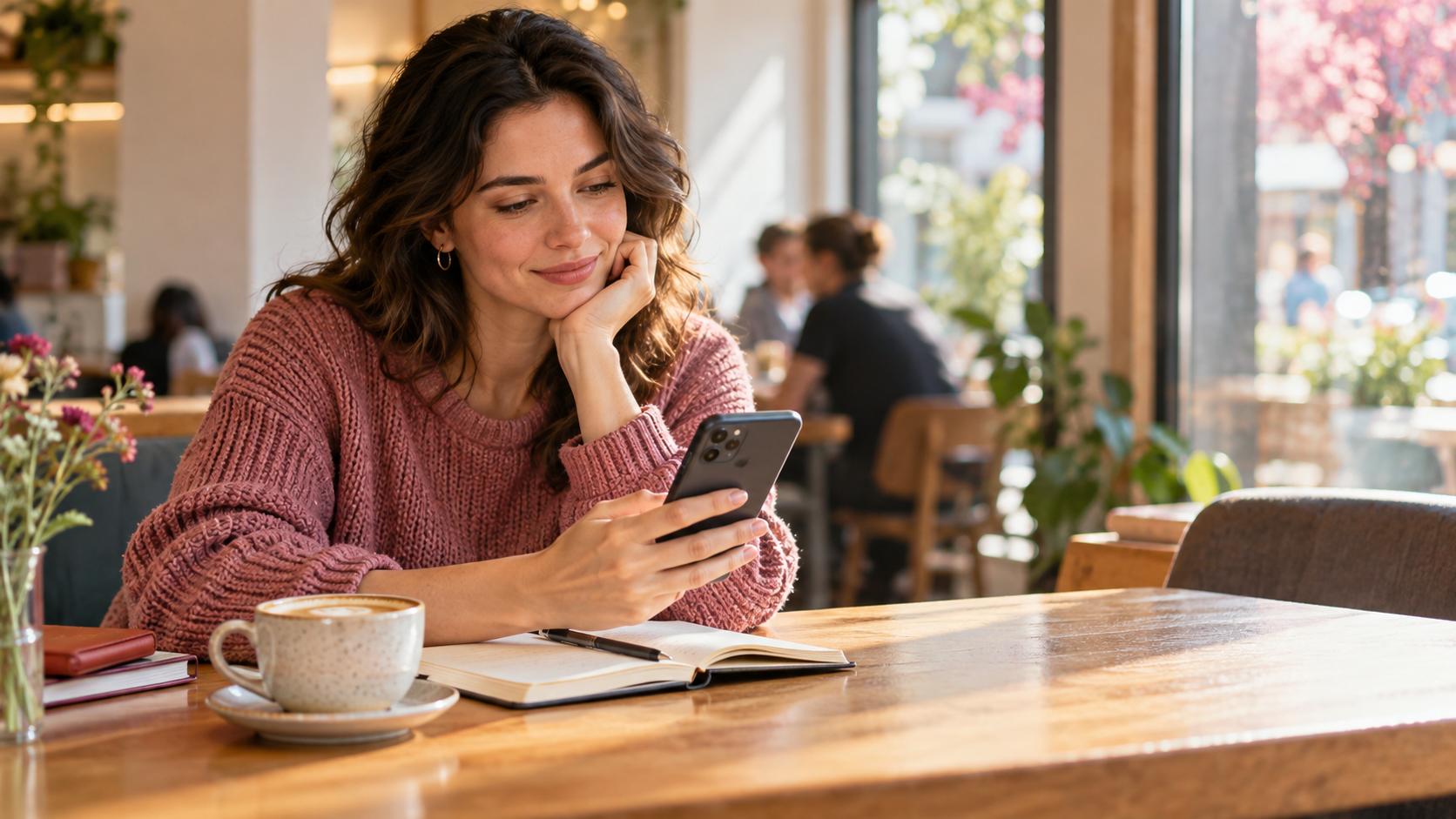 A woman thoughtfully reviewing a dating app profile on her phone at a bright cafe table with a notebook and coffee