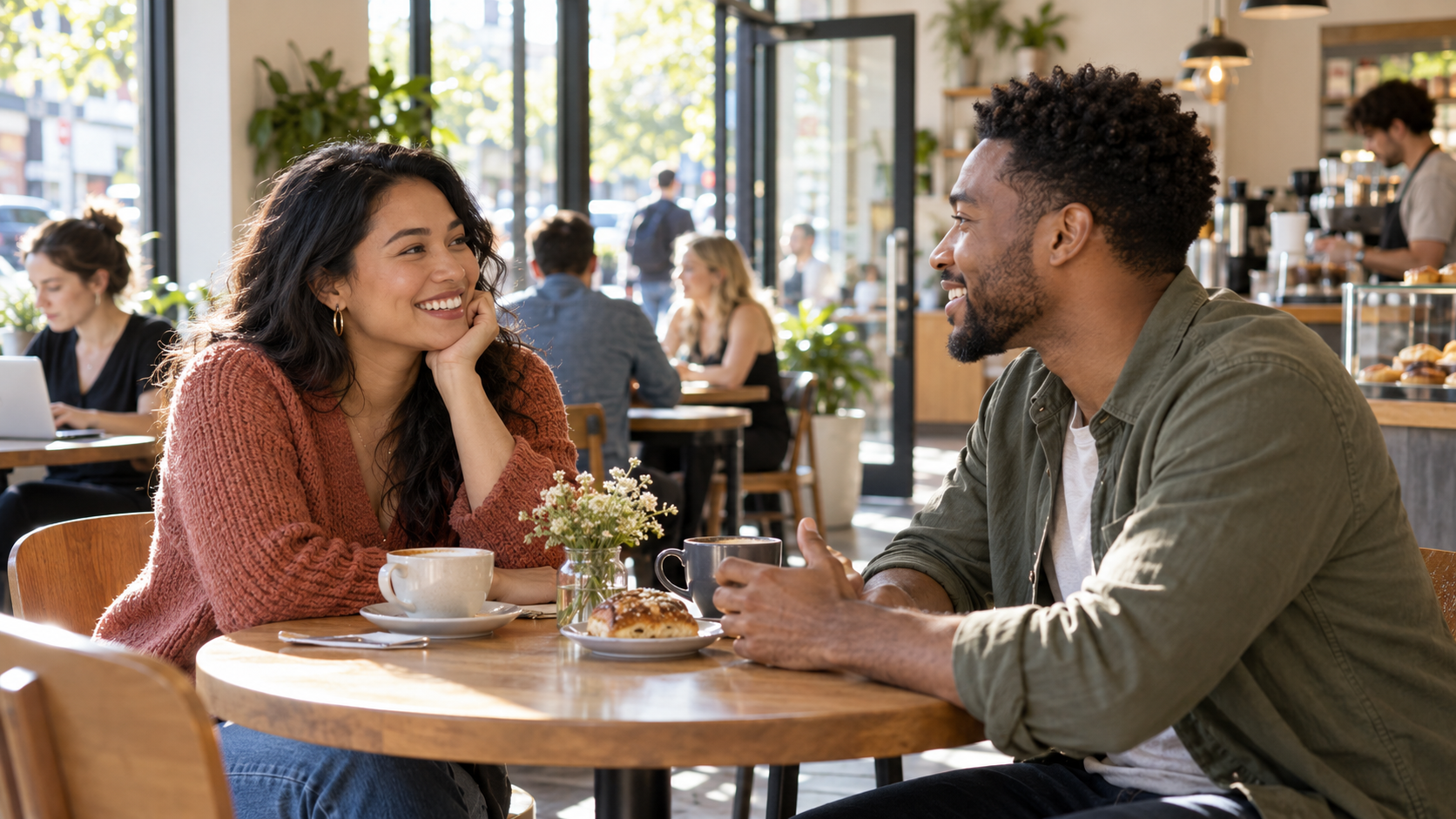Two adults meeting for a first date in a bright public cafe during the day