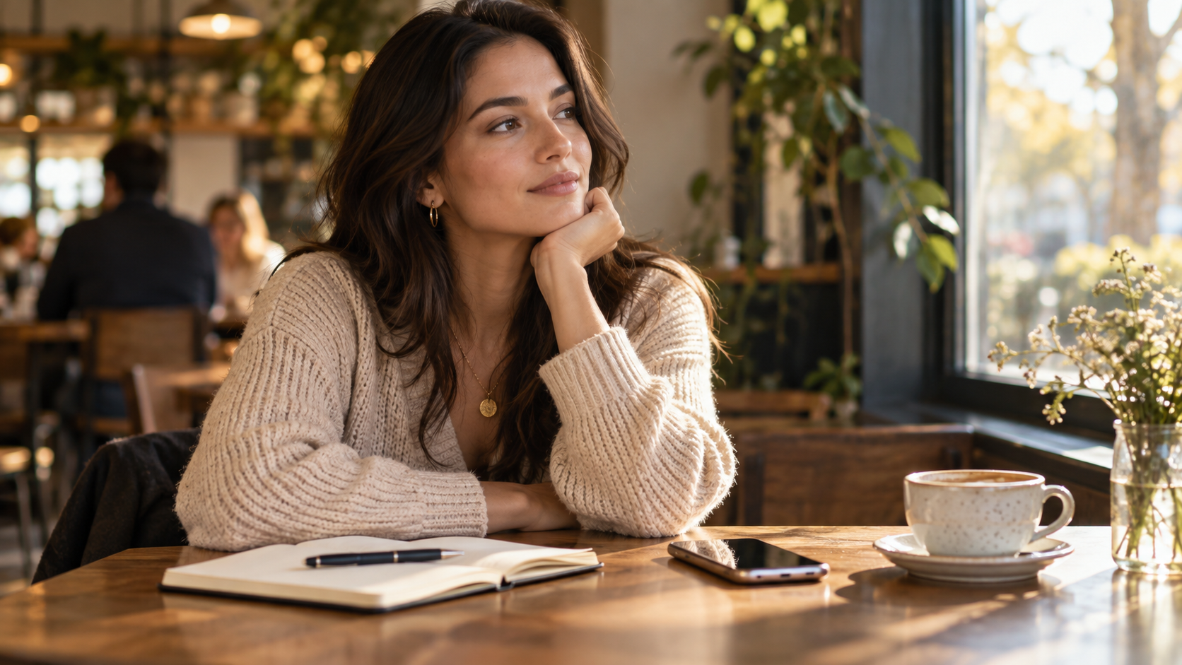 A person thoughtfully reviewing a dating app conversation in a bright cafe