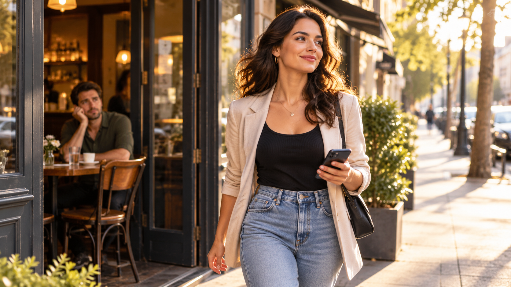 An adult leaving a cafe and walking calmly toward a bright public street
