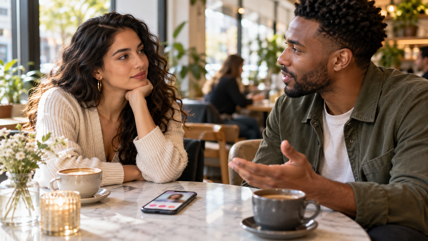 Two people having a thoughtful conversation at a cafe with a phone on the table
