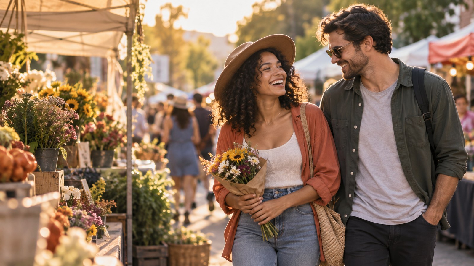 Two adults laughing together while walking through a sunny weekend market on a relaxed date