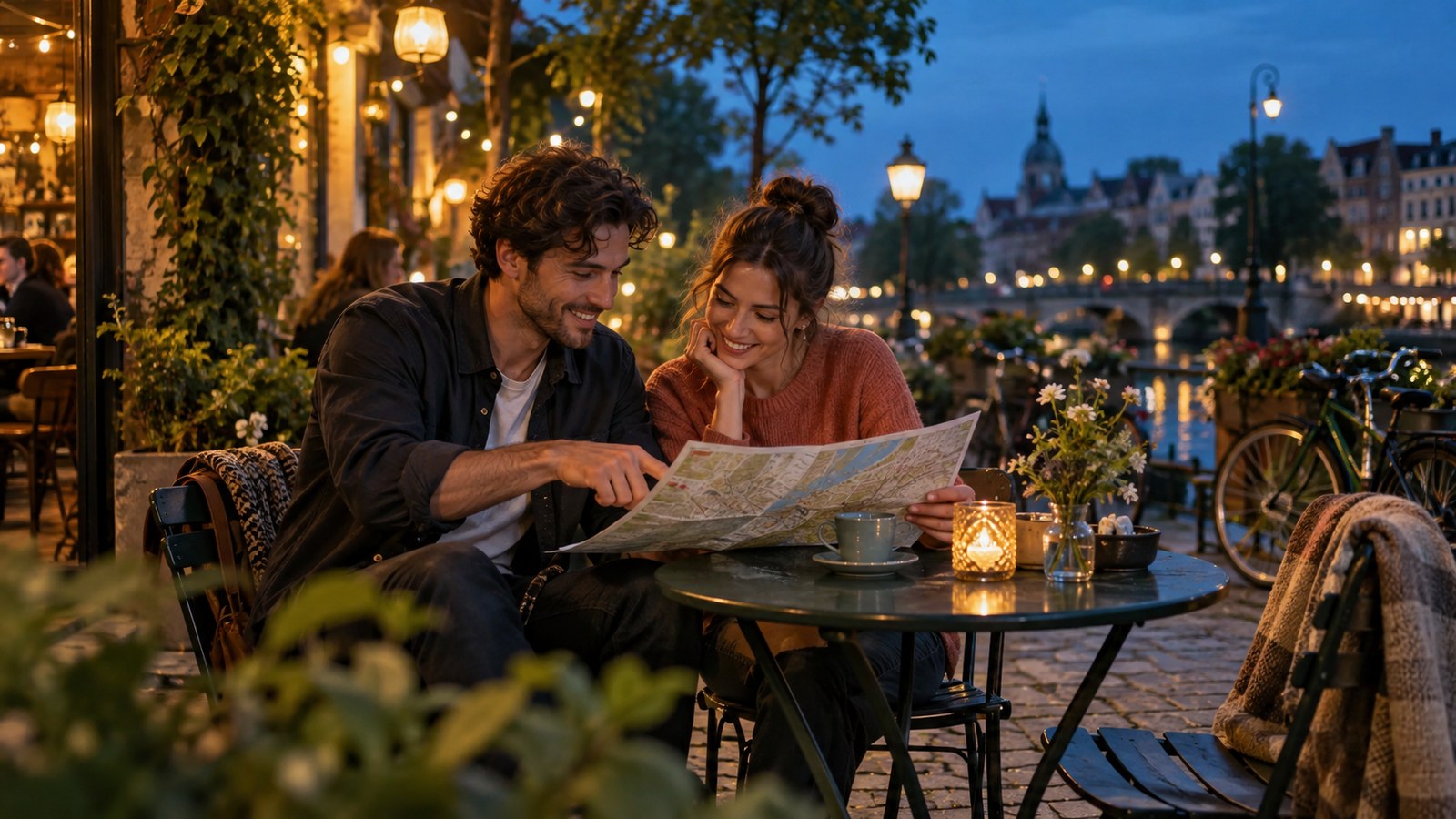 Two adults at a cafe deciding together whether to continue a relaxed evening walk