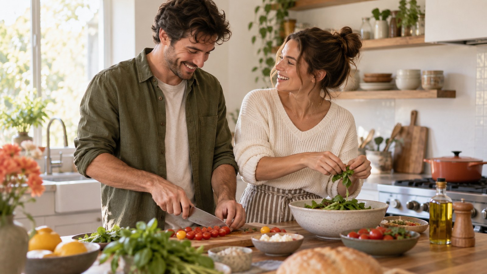 Two adults cooking together in a bright kitchen while getting to know each other