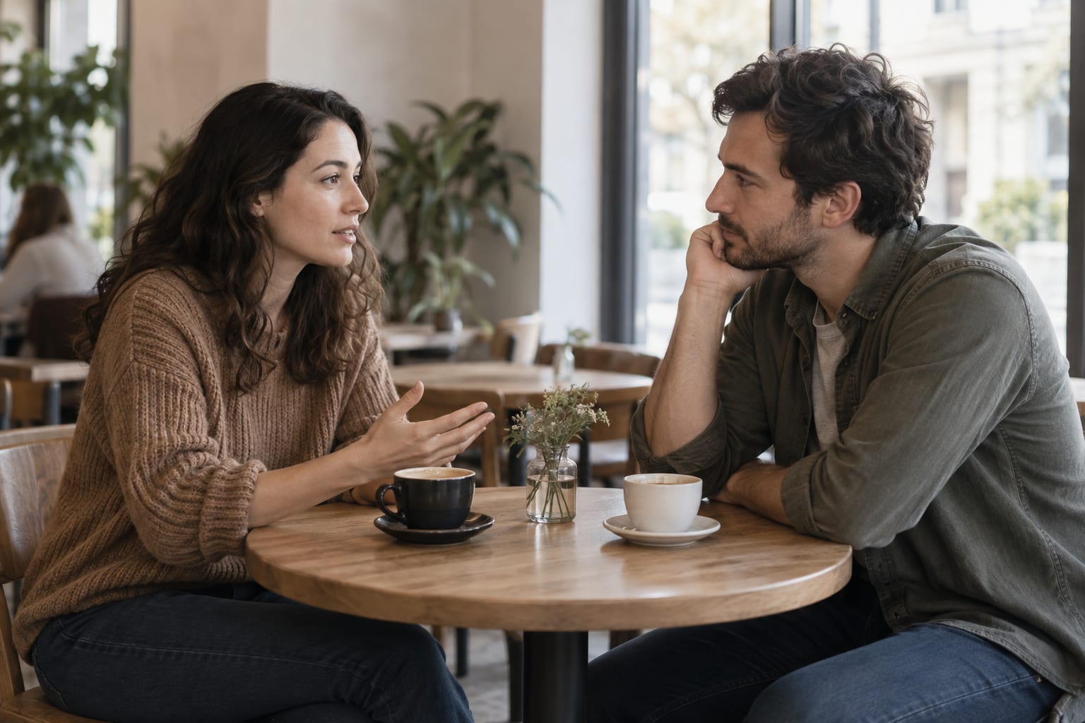 A couple listening to each other across a cafe table during a thoughtful conversation