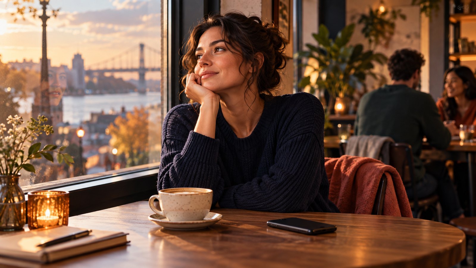 An adult reflecting at a cafe with a phone set aside during golden hour