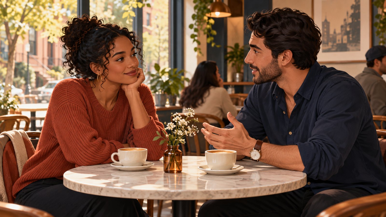 Two adults listening to each other during a relaxed cafe conversation