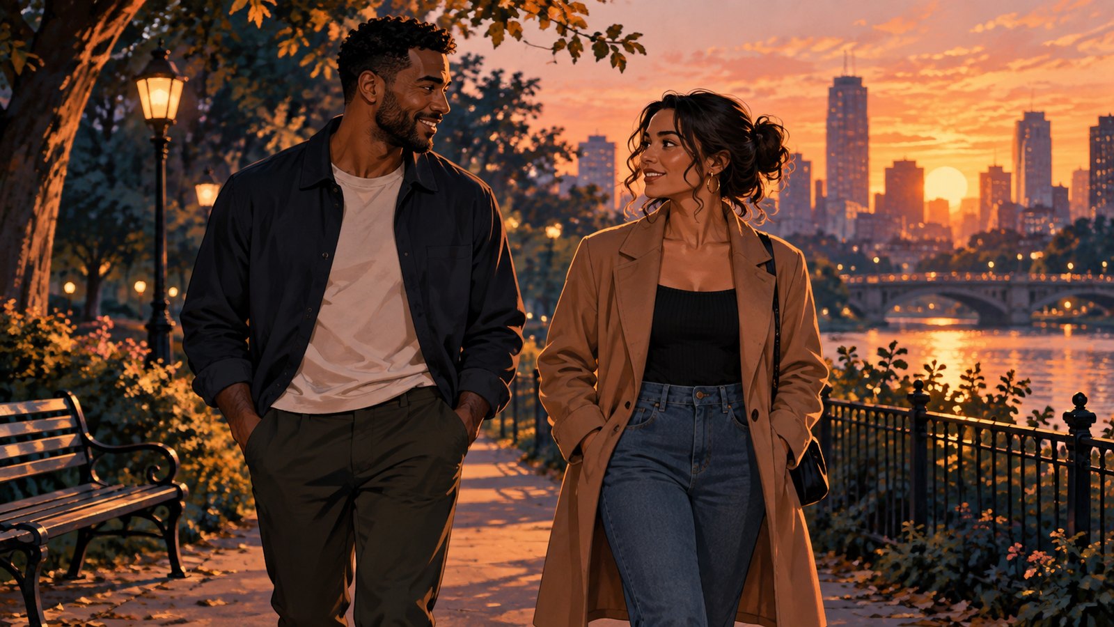 Two adults walking together in a city park after a relaxed date
