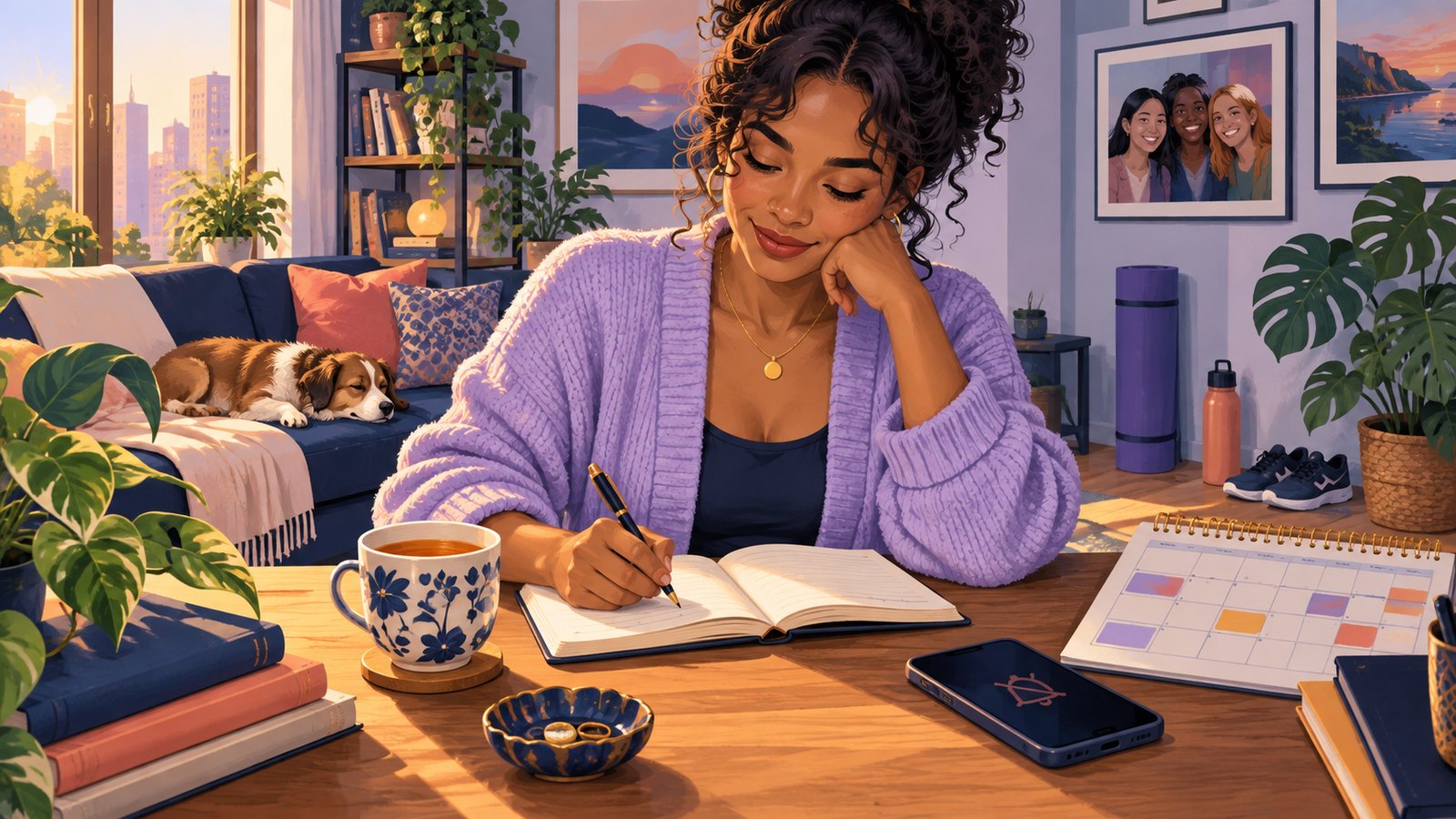 An adult journaling at home beside a calendar and a phone with notifications muted