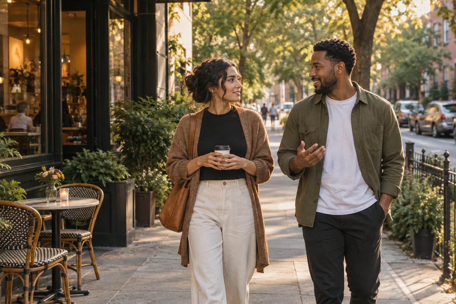 Two people walking side by side and talking comfortably after a date