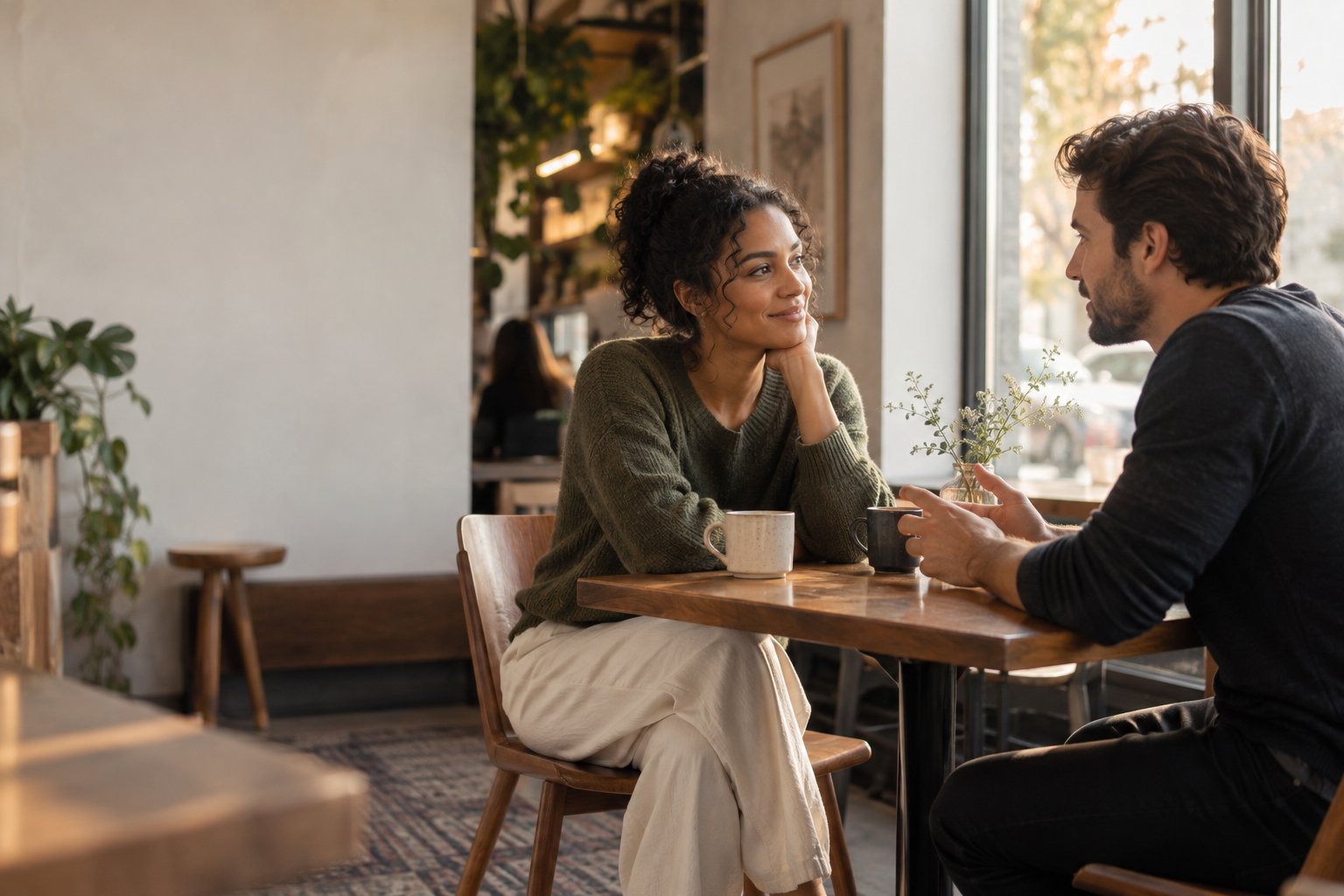 Two people having a calm, attentive conversation while getting to know each other