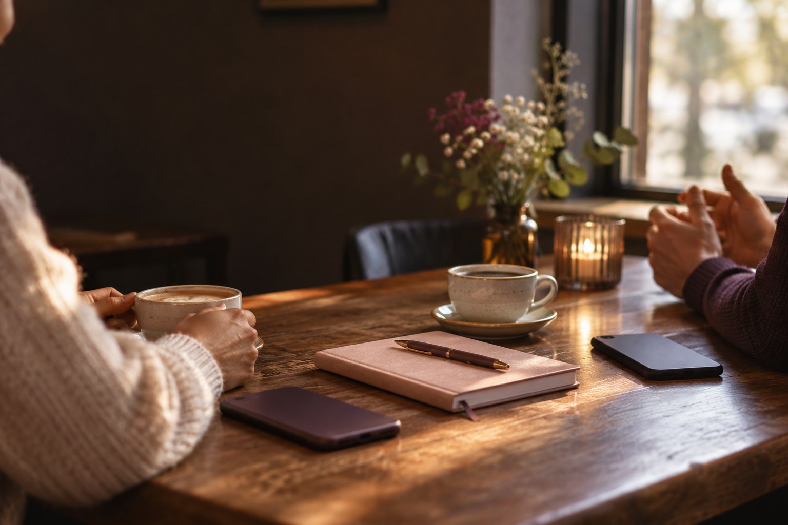 Two people having a calm conversation across a cafe table with coffee cups, phones, and a notebook