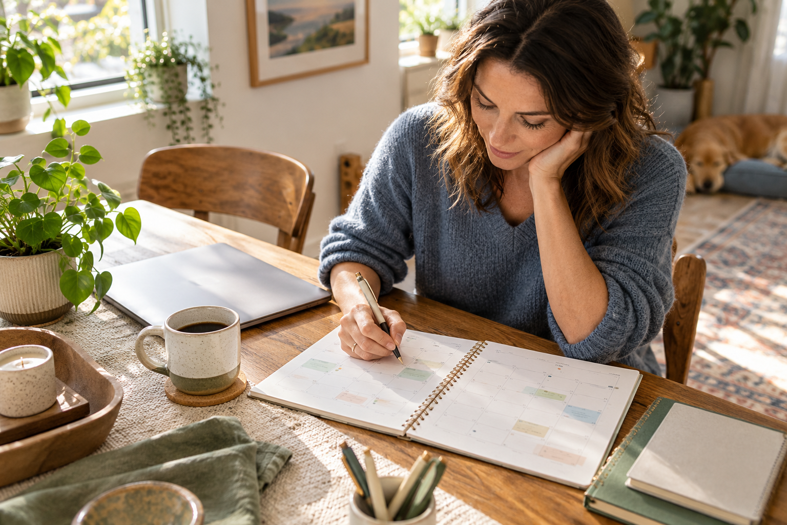 A person planning the next season of life in a notebook at home