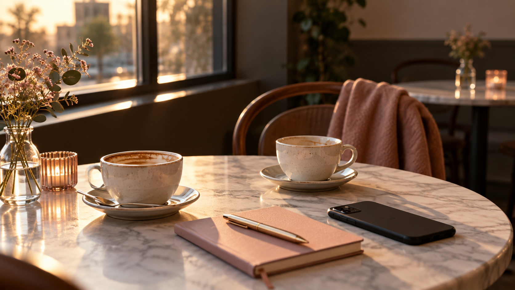 Two coffee cups, a notebook, and a phone on a cafe table after a reflective first date