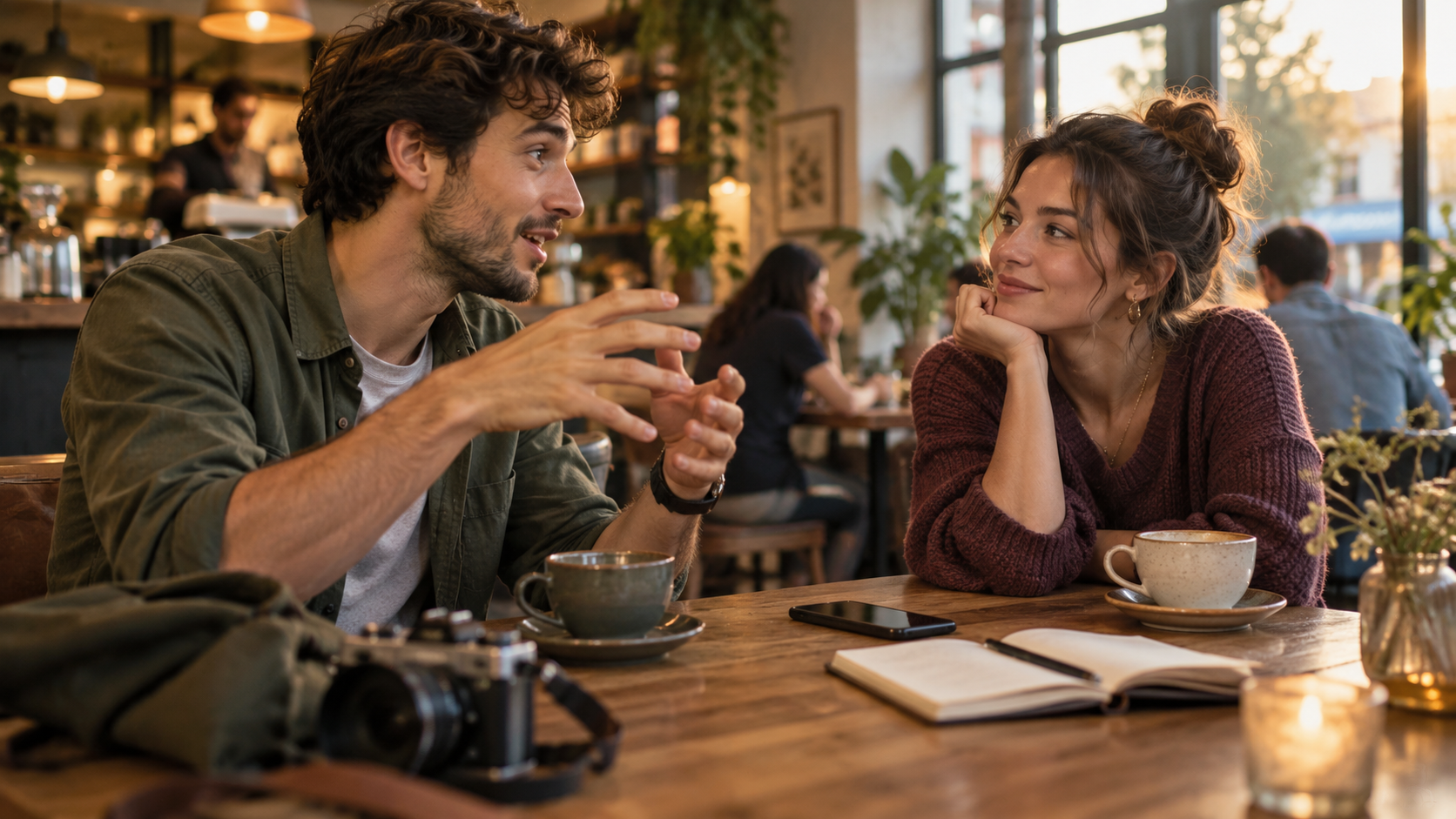 Two adults sharing a relaxed conversation about their interests in a warm cafe