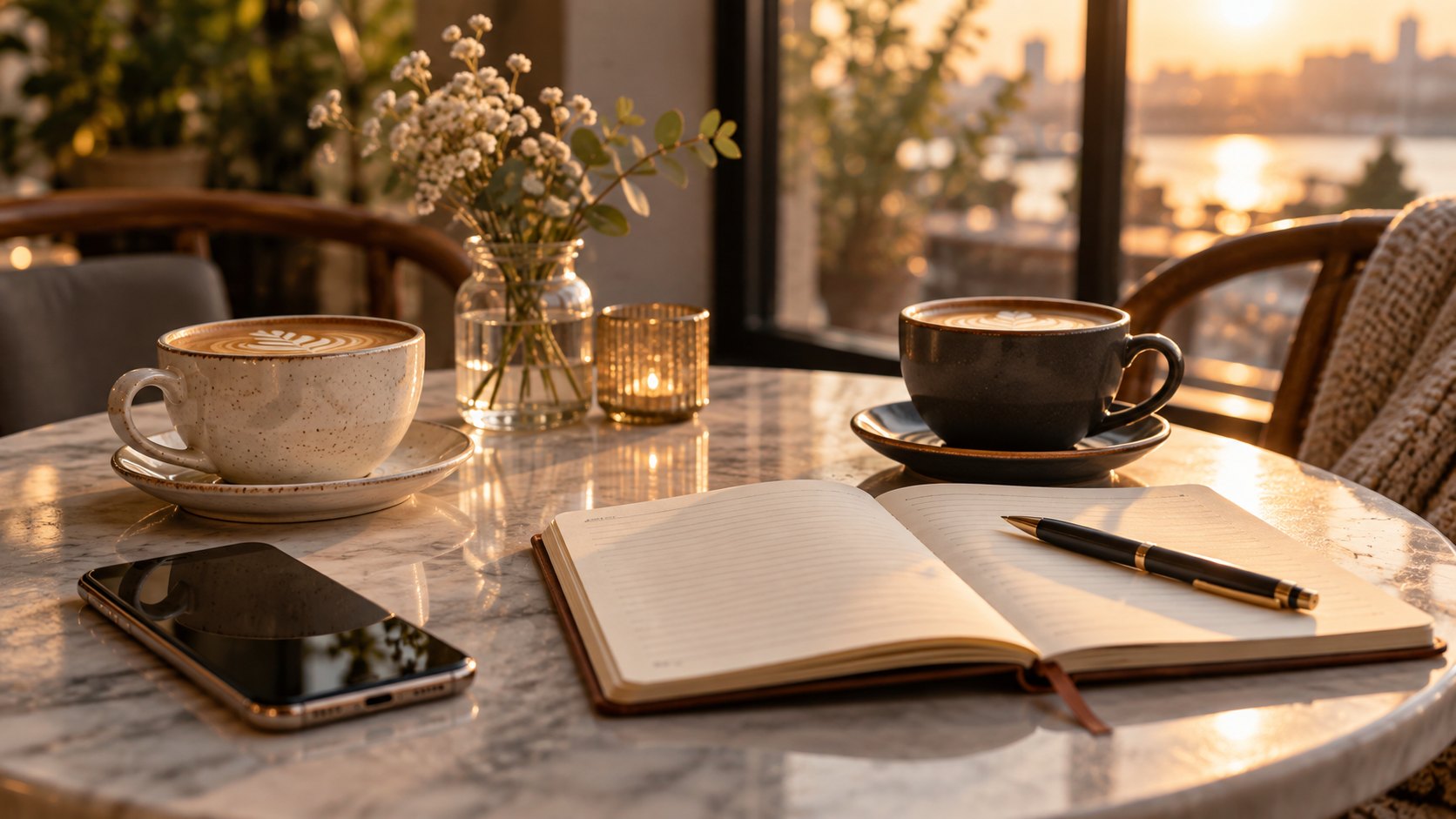 A phone and two coffee cups beside an open notebook on a quiet cafe table