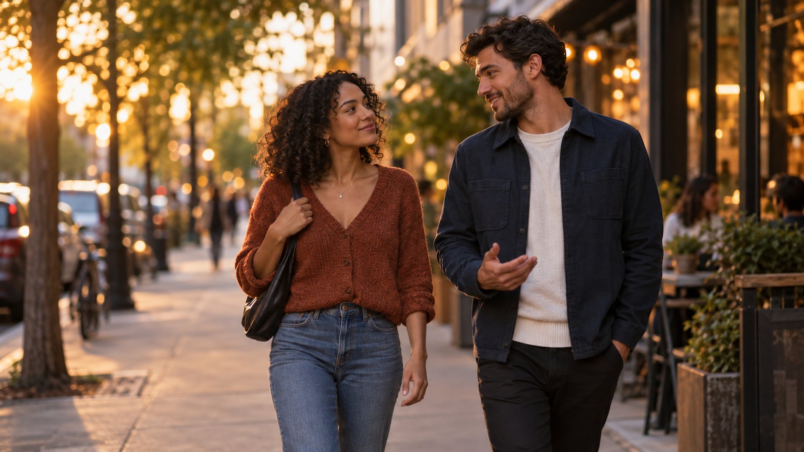 Two adults walking together outdoors during golden hour after making a clear plan