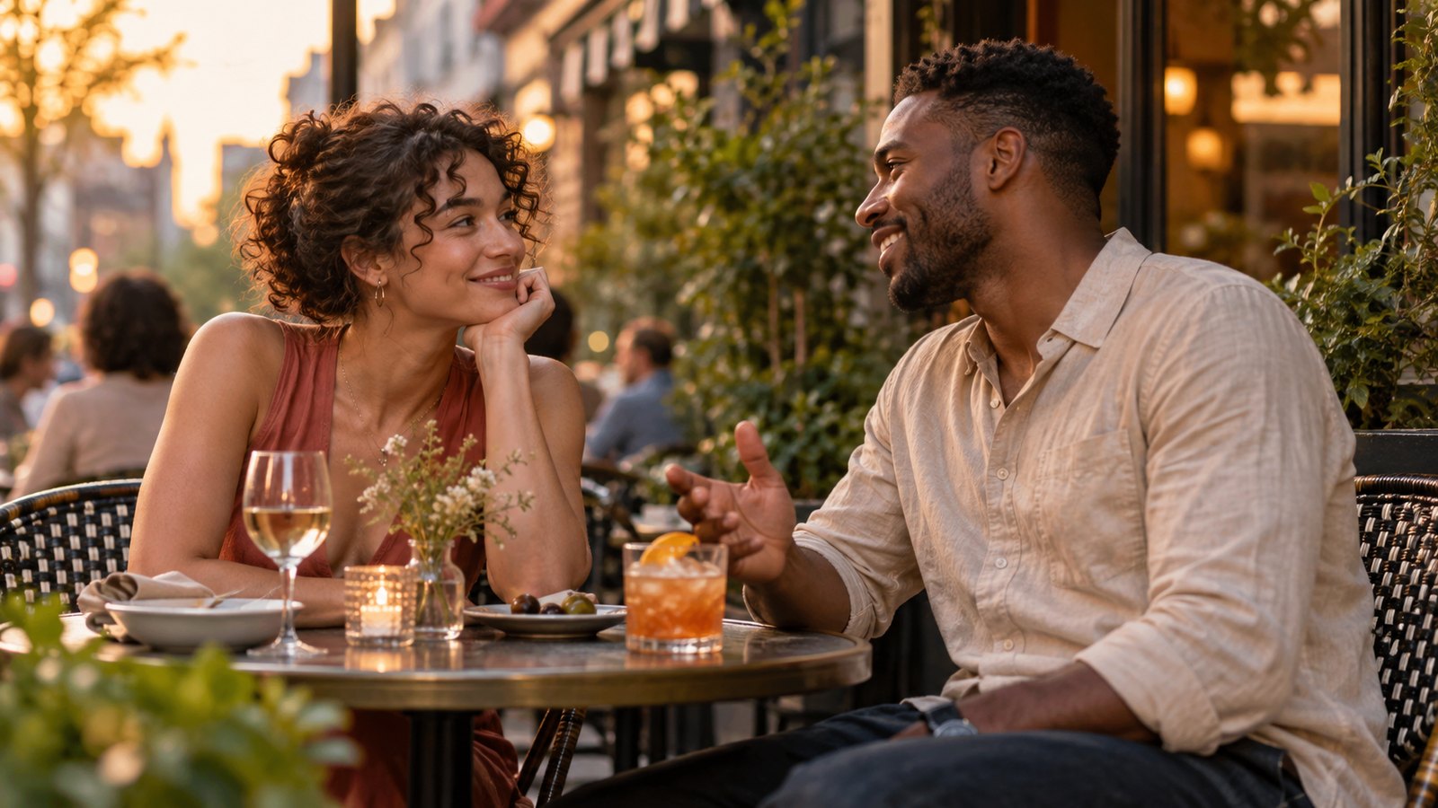 Two adults sharing playful conversation at an outdoor cafe during golden hour