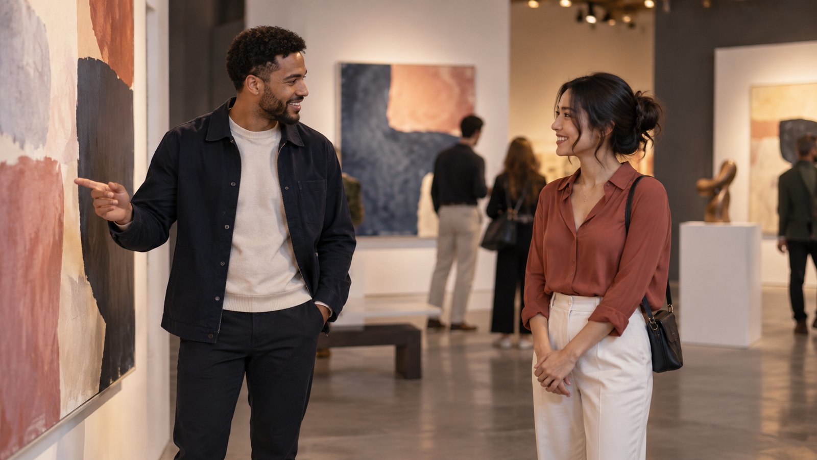 Two adults noticing something together at a contemporary art gallery