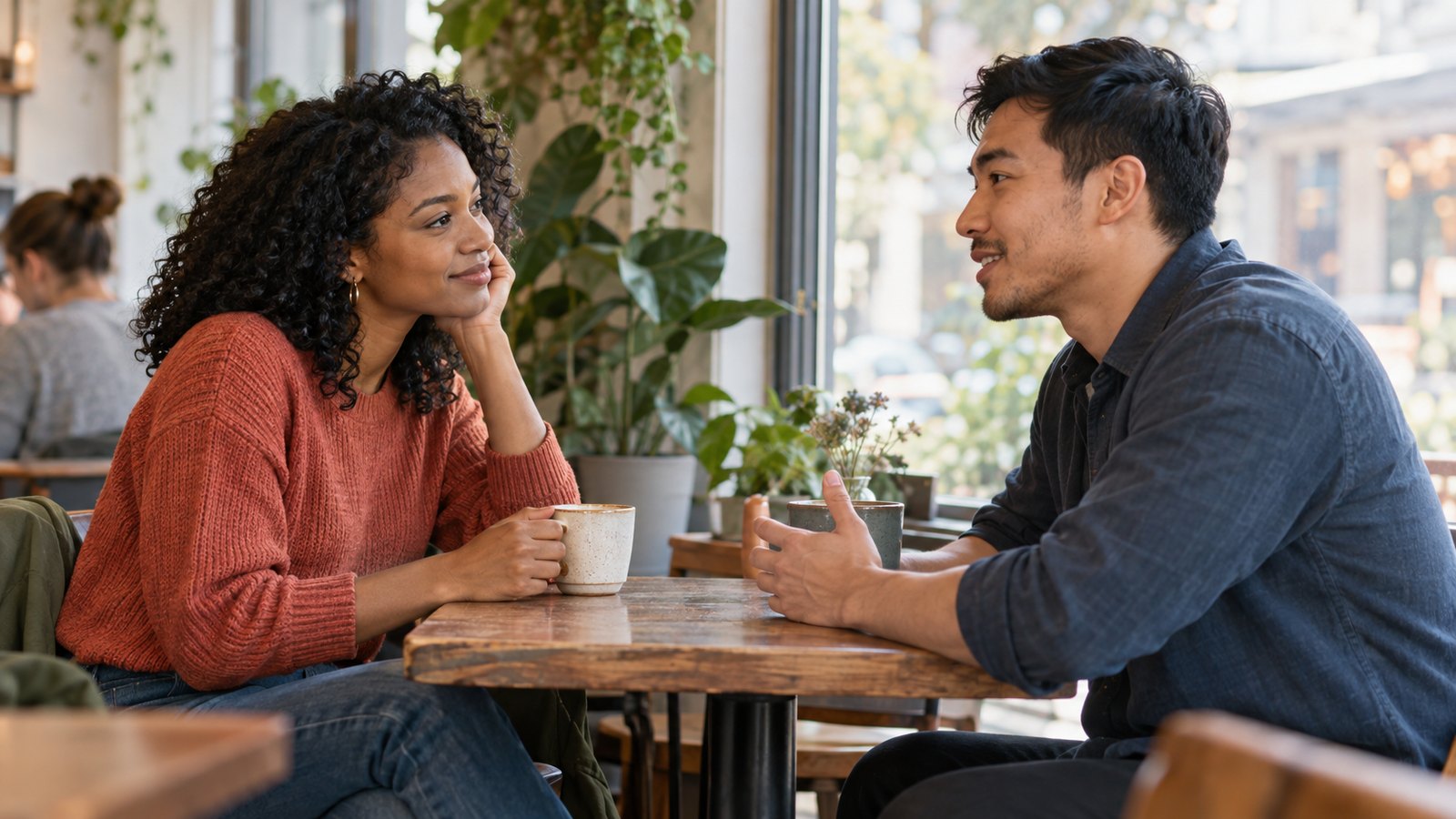Two adults sharing a balanced conversation at a cafe table