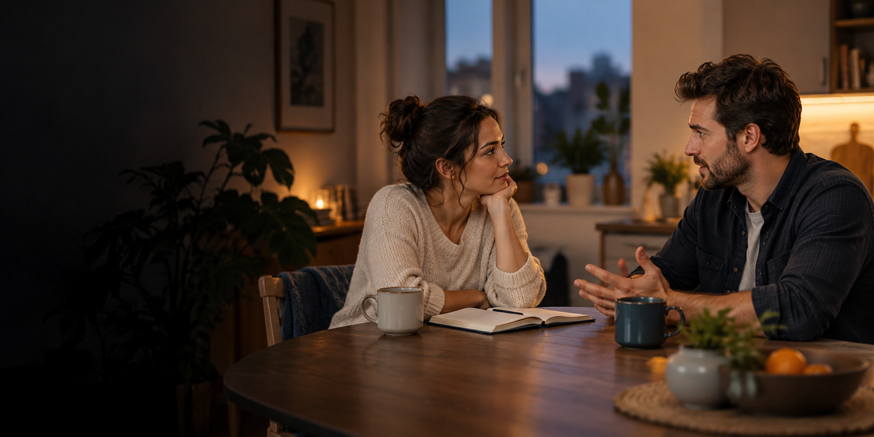Two adults having a thoughtful conversation at a kitchen table in a warm evening room