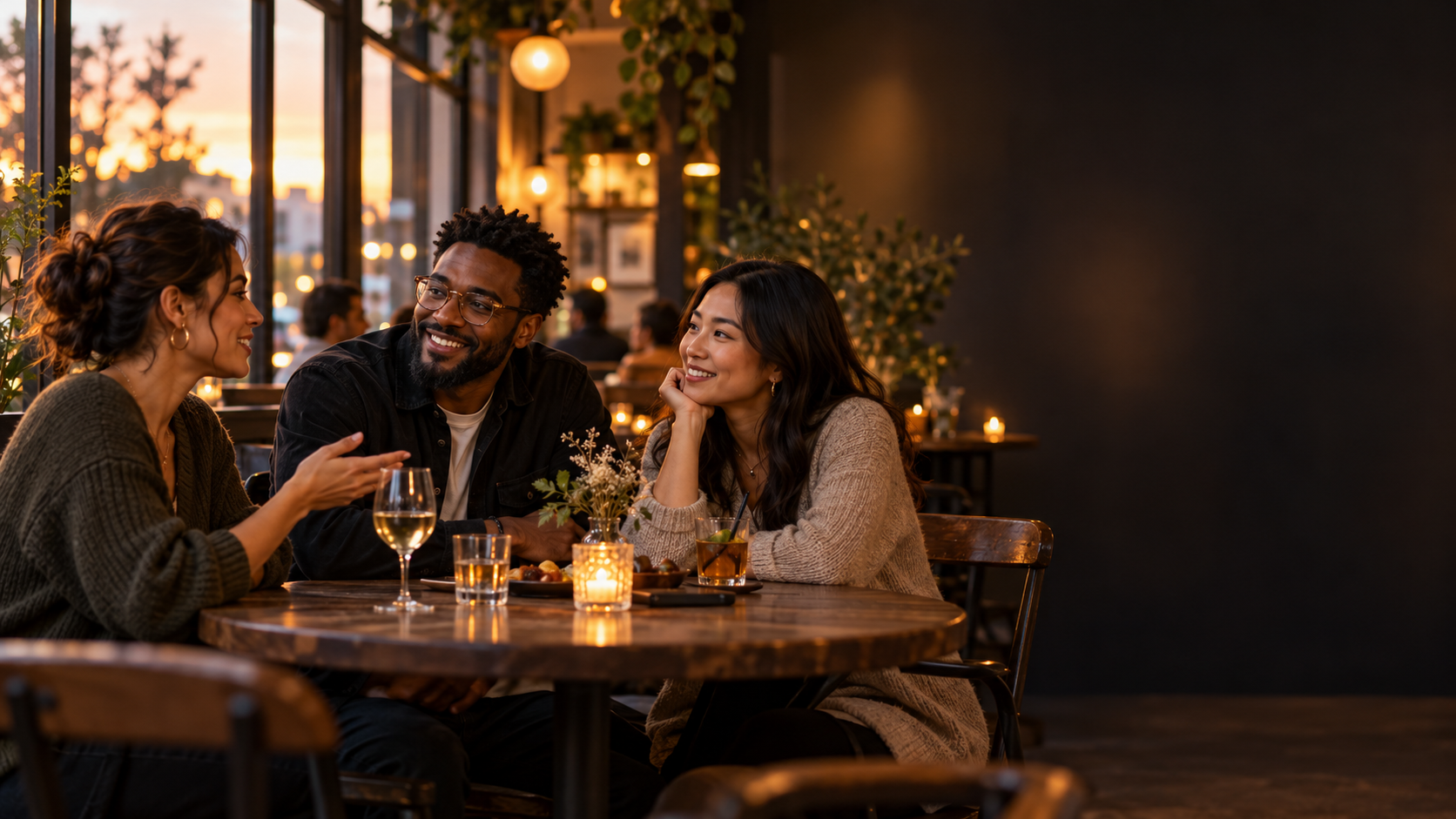 Three adults talking naturally at a warm neighborhood cafe after work