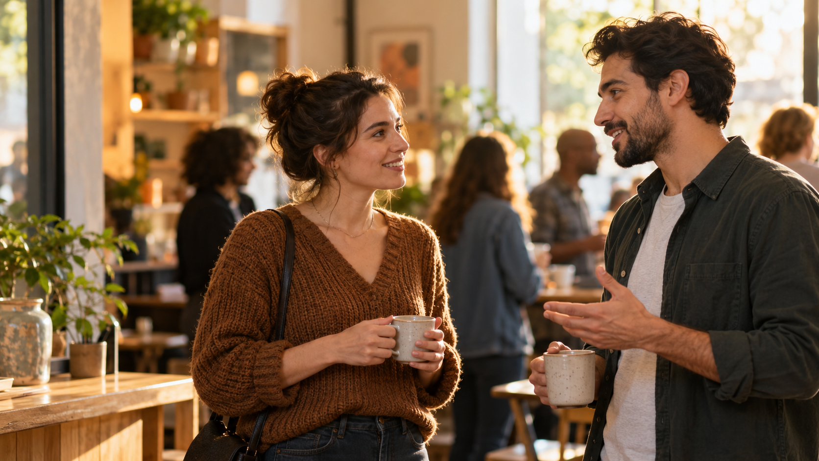 Two adults discovering a shared thread in a relaxed cafe conversation