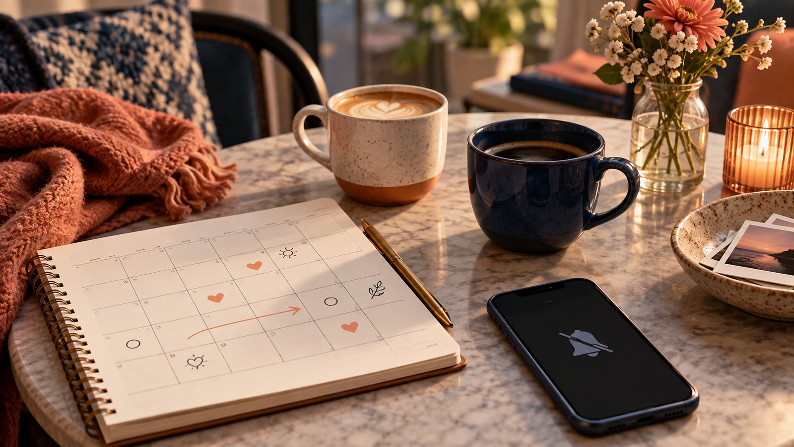 A calm table with two coffees, a calendar, and a phone with notifications muted
