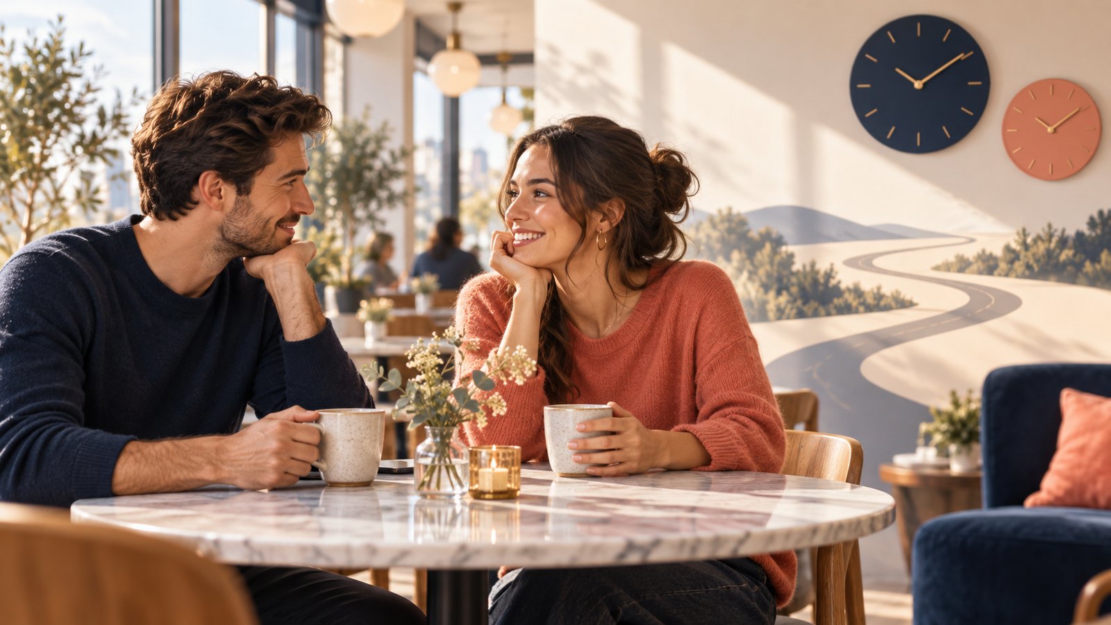 Two adults enjoying a relaxed coffee conversation in a bright cafe with clocks and a winding path behind them