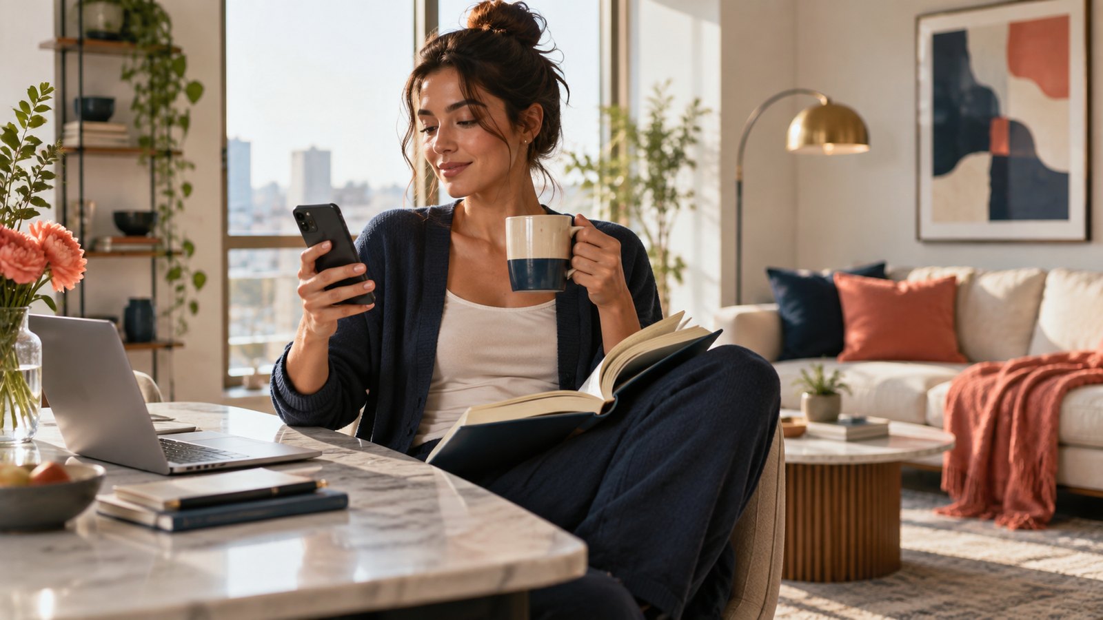 A person enjoying coffee and reading while keeping a phone and daily routine nearby
