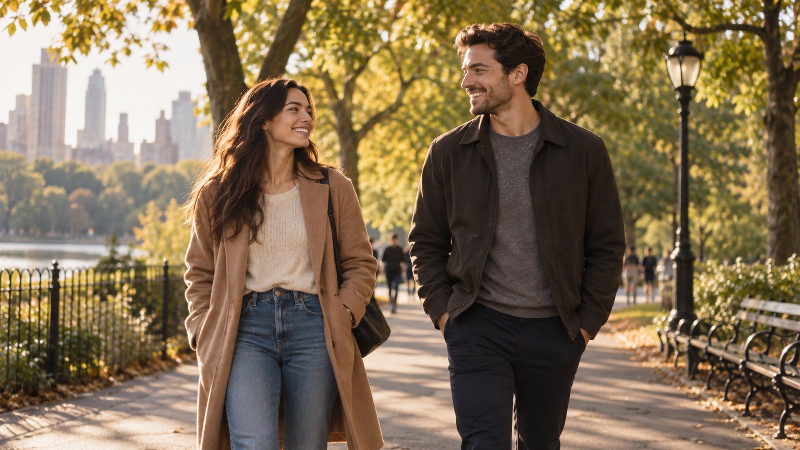 Two adults walking side by side on a tree-lined path with relaxed body language