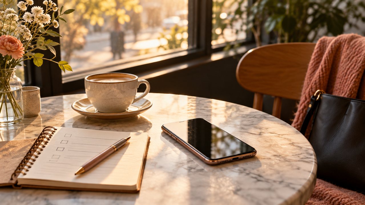 A smartphone beside a notebook and untouched coffee on a cafe table