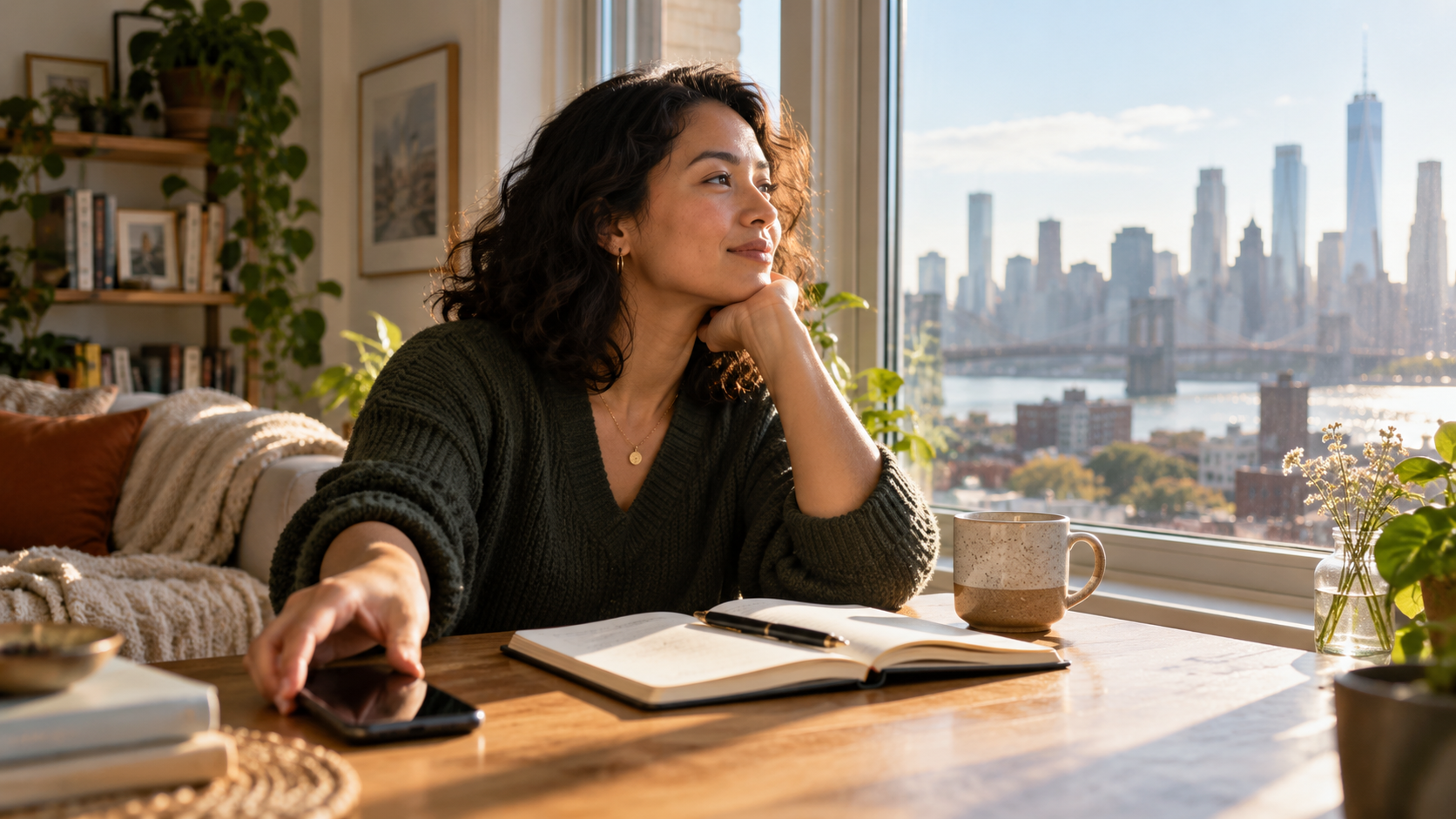 An adult putting down a phone and looking toward a notebook by a bright window