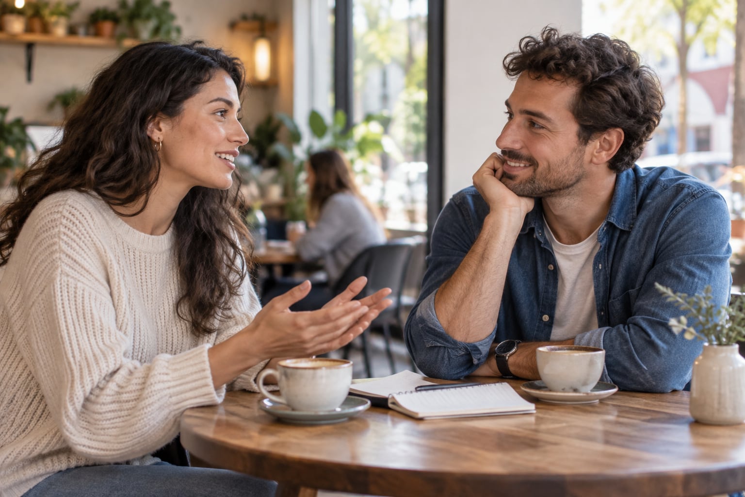 Two adults having an attentive conversation over coffee while getting to know each other