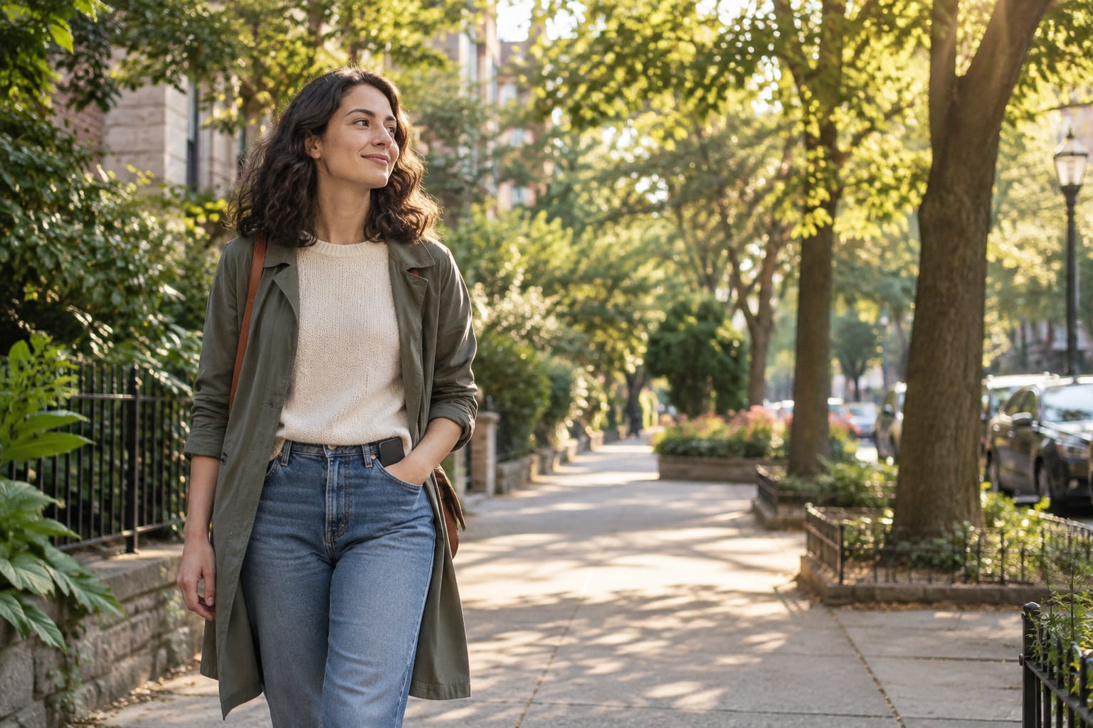 An adult taking a calm walk through a tree-lined city street with a phone in a pocket