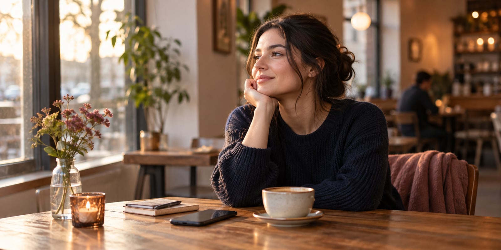 A thoughtful adult sitting in a cafe with a phone set aside while reflecting calmly