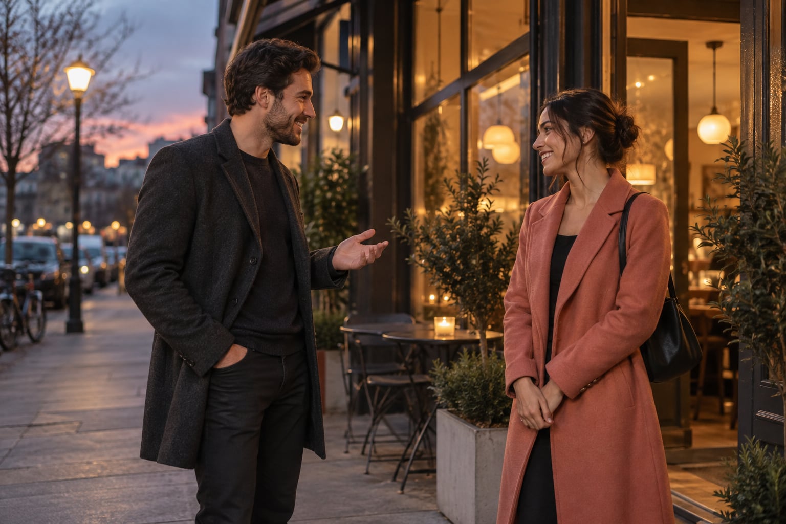 Two adults having a relaxed conversation outside a cafe at dusk while making a simple plan