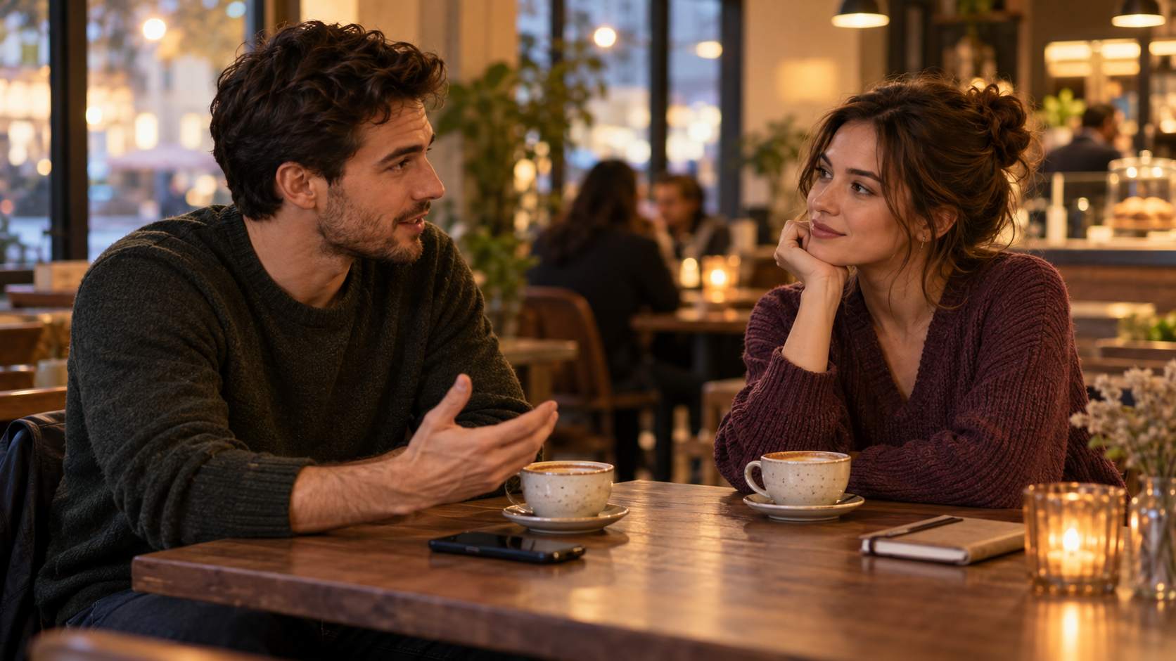Two adults having a thoughtful first-date conversation in a warm cafe
