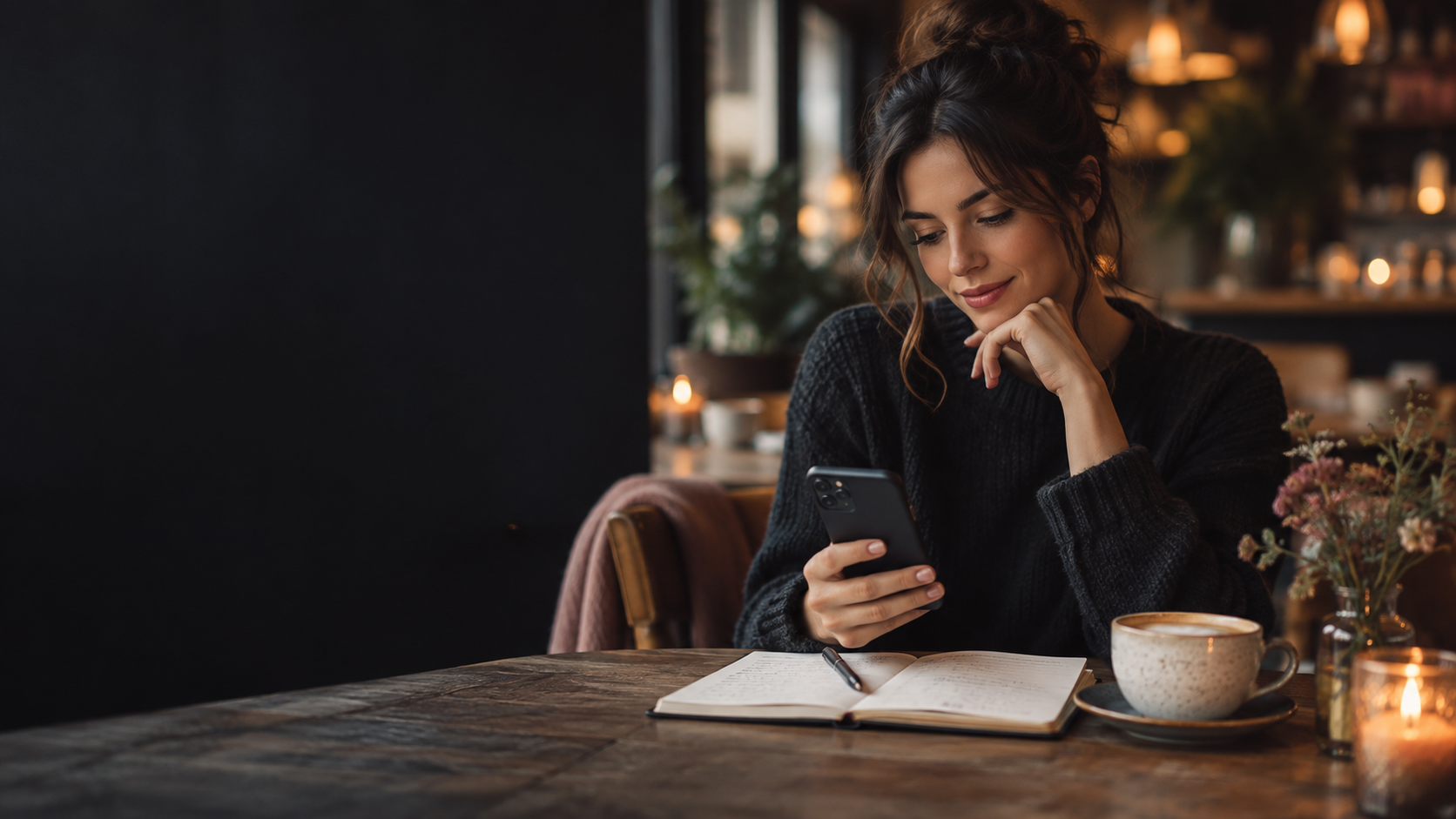 A woman calmly reviewing messages on her phone beside a notebook and coffee in a warm cafe