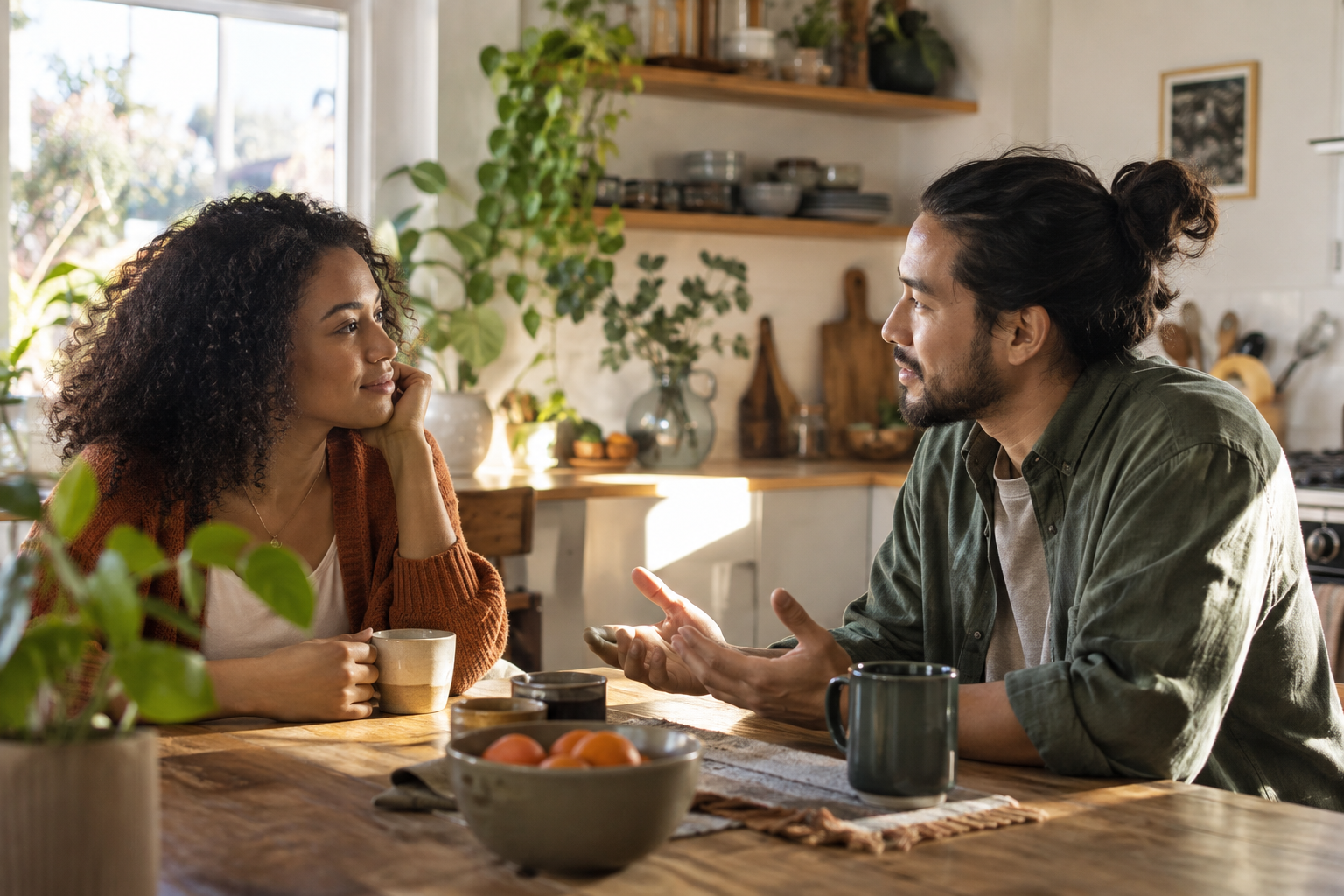 Two partners having an open conversation at a kitchen table with calm body language