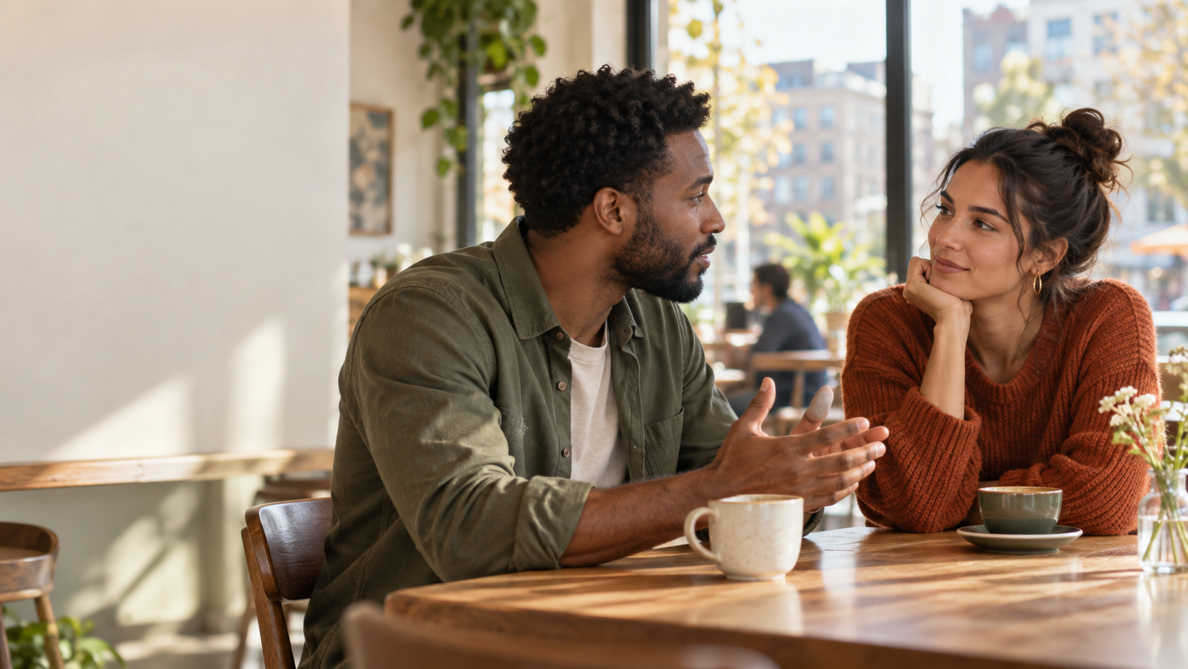 Two partners having a calm and honest conversation in a bright cafe