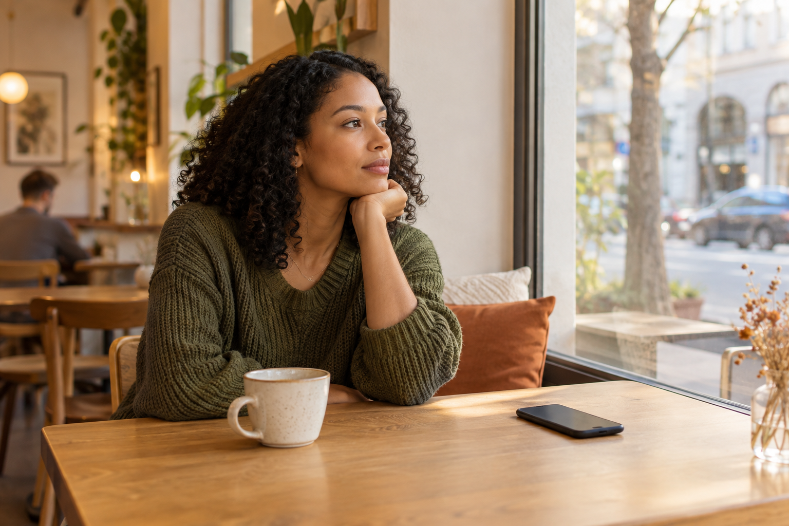 An adult sitting by a cafe window and pausing before reacting to a difficult feeling